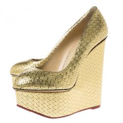 Pre Owned Charlotte Olympia Gold Metallic Carmen Woven Leather Wedge Pumps Size 40