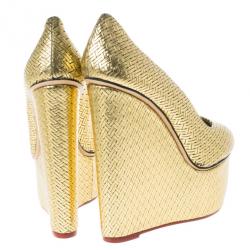 Pre Owned Charlotte Olympia Gold Metallic Carmen Woven Leather Wedge Pumps Size 40