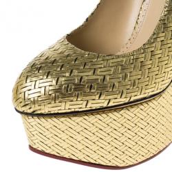 Pre Owned Charlotte Olympia Gold Metallic Carmen Woven Leather Wedge Pumps Size 40