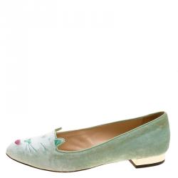 Pre Owned حذاء فلات شارلوت أوليمبيا كيتي بوتينغ قطيفة أخضر بيبرمنت مقاس 38