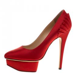 Pre Owned Charlotte Olympia Red Satin Paloma Fan Pleat Platform Pumps Size 37.5