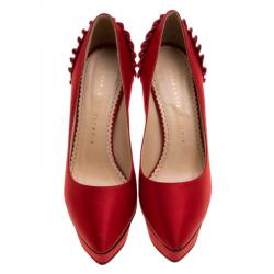 Pre Owned Charlotte Olympia Red Satin Paloma Fan Pleat Platform Pumps Size 37.5