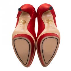 Pre Owned Charlotte Olympia Red Satin Paloma Fan Pleat Platform Pumps Size 37.5
