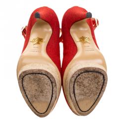 Pre Owned حذاء كعب عالي شارلوت أوليمبيا نعل سميك سيور كاحل دولورز كانفاس أحمر مقاس 37.5