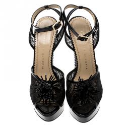 Pre Owned Charlotte Olympia Black Lace and Patent Leather Temptress Platform Sandals Size 36
