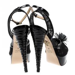 Pre Owned Charlotte Olympia Black Lace and Patent Leather Temptress Platform Sandals Size 36