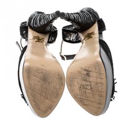 Pre Owned Charlotte Olympia Black Lace and Patent Leather Temptress Platform Sandals Size 36