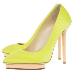 Pre Owned Charlotte Olympia Yellow Satin Debonaire Platform Pumps Size 38.5