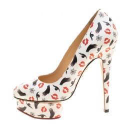 Pre Owned Charlotte Olympia M.A.C Collection White Printed Leather Dolly Pumps Size 37