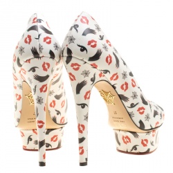Pre Owned Charlotte Olympia M.A.C Collection White Printed Leather Dolly Pumps Size 37