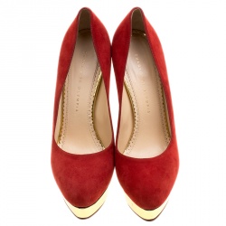 Pre Owned Charlotte Olympia Red Suede Dolly Platform Pumps Size 40