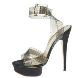 Pre Owned Charlotte Olympia Black Vinyl and Satin Girls On Film Platform Sandals Size 38