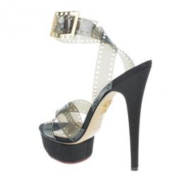 Pre Owned Charlotte Olympia Black Vinyl and Satin Girls On Film Platform Sandals Size 38