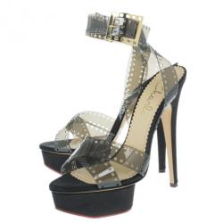 Pre Owned Charlotte Olympia Black Vinyl and Satin Girls On Film Platform Sandals Size 38