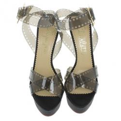 Pre Owned Charlotte Olympia Black Vinyl and Satin Girls On Film Platform Sandals Size 38