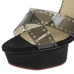 Pre Owned Charlotte Olympia Black Vinyl and Satin Girls On Film Platform Sandals Size 38