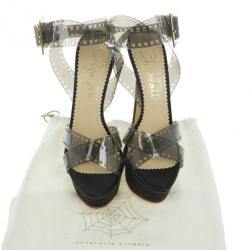 Pre Owned Charlotte Olympia Black Vinyl and Satin Girls On Film Platform Sandals Size 38