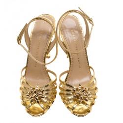 Charlotte Olympia Metallic Gold Leather Surprise! Ankle Strap Sandals Size 35.5
