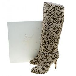 Pre Owned Charlotte Olympia Beige Leopard Print Pony Hair Corine Knee High Boots Size 40
