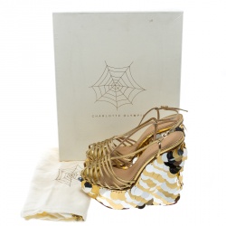 مملوكة مسبقًا Charlotte Olympia Metallic Gold Leather Poseidon Disc Embellished Wedge Platform Sandals Size 37