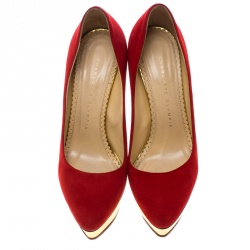 Pre Owned Charlotte Olympia Red Suede Dolly Platform Pumps Size 36.5