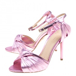 Pre Owned صندل شارلوت أوليمبيا سير كاحل برودواي جلد مكشكش وردي ميتالك مقاس 36