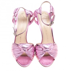 Pre Owned صندل شارلوت أوليمبيا سير كاحل برودواي جلد مكشكش وردي ميتالك مقاس 36