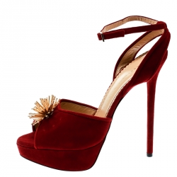 Pre Owned Charlotte Olympia Red Suede Orbital Pomeline Peep Toe Ankle Strap Sandals Size 39