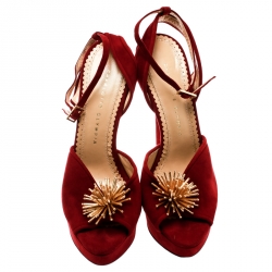 Pre Owned Charlotte Olympia Red Suede Orbital Pomeline Peep Toe Ankle Strap Sandals Size 39