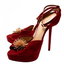 Pre Owned Charlotte Olympia Red Suede Orbital Pomeline Peep Toe Ankle Strap Sandals Size 39