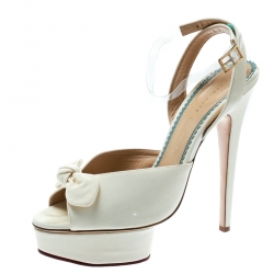 Pre Owned Charlotte Olympia Cream Satin Serena Bow Ankle Strap Platform Sandals Size 41