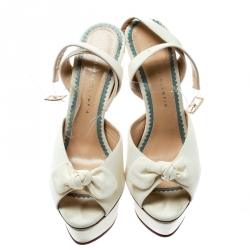 Pre Owned Charlotte Olympia Cream Satin Serena Bow Ankle Strap Platform Sandals Size 41