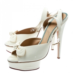 Pre Owned Charlotte Olympia Cream Satin Serena Bow Ankle Strap Platform Sandals Size 41