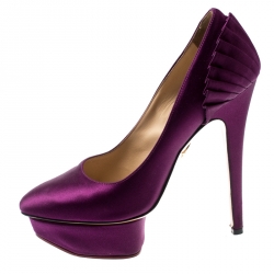 Pre Owned Charlotte Olympia Purple Paloma Fan-pleat Satin Pumps Size 36.5