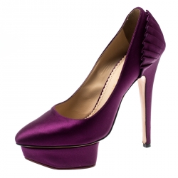 Pre Owned Charlotte Olympia Purple Paloma Fan-pleat Satin Pumps Size 36.5