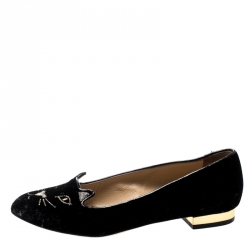 Charlotte Olympia Black Velvet Kitty Smoking Slippers Size 36.5