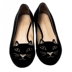 Charlotte Olympia Black Velvet Kitty Smoking Slippers Size 36.5