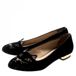 Charlotte Olympia Black Velvet Kitty Smoking Slippers Size 36.5