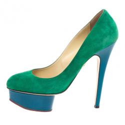 Pre Owned Charlotte Olympia Green Suede Dolly Platform Pumps Size 38
