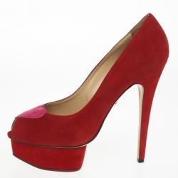 Pre Owned Charlotte Olympia Red Suede Delphine Heart Detail Platform Pumps Size 40