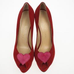 Pre Owned Charlotte Olympia Red Suede Delphine Heart Detail Platform Pumps Size 40