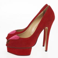 Pre Owned Charlotte Olympia Red Suede Delphine Heart Detail Platform Pumps Size 40