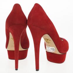 Pre Owned Charlotte Olympia Red Suede Delphine Heart Detail Platform Pumps Size 40