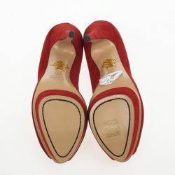 Pre Owned Charlotte Olympia Red Suede Delphine Heart Detail Platform Pumps Size 40