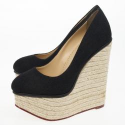 Pre Owned Charlotte Olympia Carmen Black Canvas Espadrilles Wedge Pumps Size 36