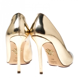 Pre Owned Charlotte Olympia Gold Patent Leather Monroe Pointed Toe Pumps Size 36.5