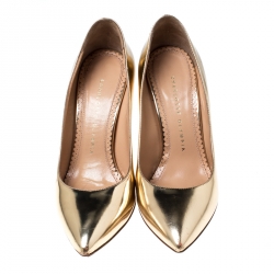 Pre Owned Charlotte Olympia Gold Patent Leather Monroe Pointed Toe Pumps Size 36.5