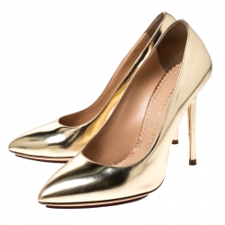 Pre Owned Charlotte Olympia Gold Patent Leather Monroe Pointed Toe Pumps Size 36.5