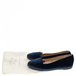 Pre Owned Charlotte Olympia Blue Velvet Kitty Slip On Loafers Size 38