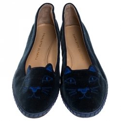 Pre Owned Charlotte Olympia Blue Velvet Kitty Slip On Loafers Size 38